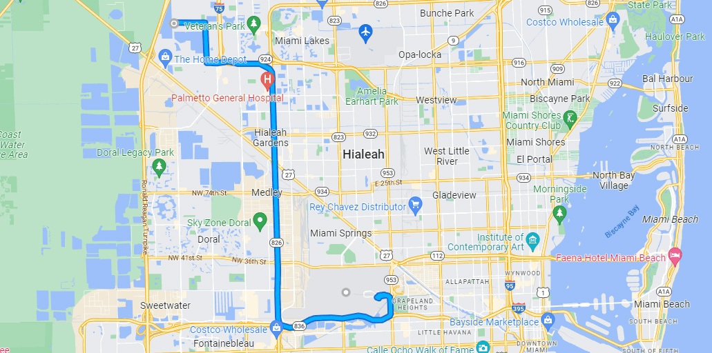 Mapa do Aeroporto de Miami até a L.O. Trading
